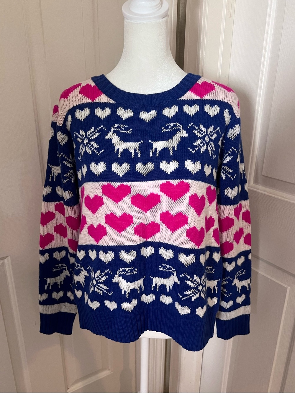 POL Fair Isle Blue Pink Hearts Reindeer Holiday Nordic Knit Sweater Women’s S